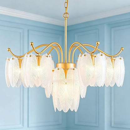 LumFurn D29inch Glass Chandelier, 7-Light Modern Pendant Light Fixture for Dining Room, Living Room, D29 x H27~72 inch Adjustable Height, Frosted Feather-Shaped Glass Shade & Brass Finish Frame