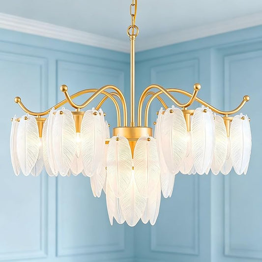LumFurn D29inch Glass Chandelier, 7-Light Modern Pendant Light Fixture for Dining Room, Living Room, D29 x H27~72 inch Adjustable Height, Frosted Feather-Shaped Glass Shade & Brass Finish Frame