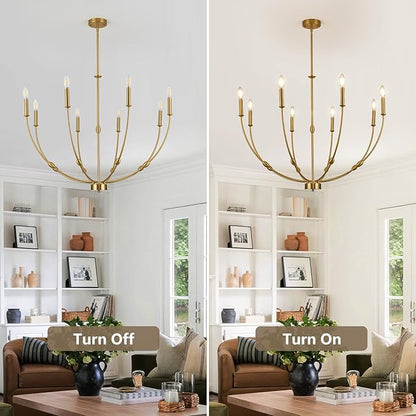 8-Light Candle Chandeliers, 35 Inch Brushed Gold Dining Room Light Fixture, Modern High Ceiling Chandeliers for Living Room, Entryway, Foyer