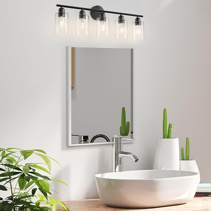 Bathroom Vanity Light Fixtures Matte Black Bathroom Lighting Fixture, 5 Lights Bathroom Light Fixture Over Mirror, Modern Black Vanity Light, Wall Sconces with Glass Shades