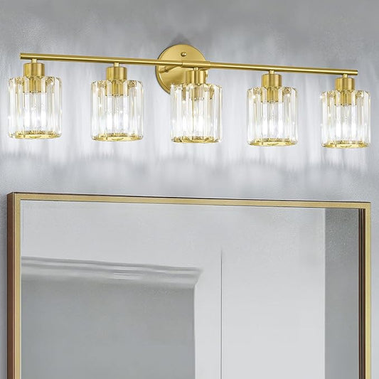 Crystal Bathroom Light Fixtures,Bathroom Lighting Fixtures Over Mirror, Modern 5-Light Gold Vanity Lights for Mirror, Restroom,Kitchen(Ceramic E26 Socket,Bulbs Not Include)