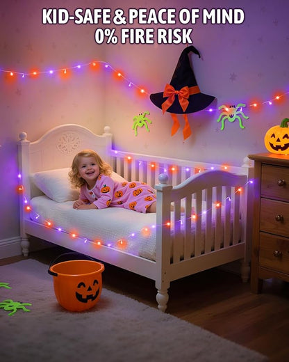Halloween String Lights Battery Operated, Orange and Purple Fairy Lights with Timer Waterproof 16.4ft 50 LED Halloween Decorations for Outdoor Indoor Patio Party Garden Yard Decor 2 Packs