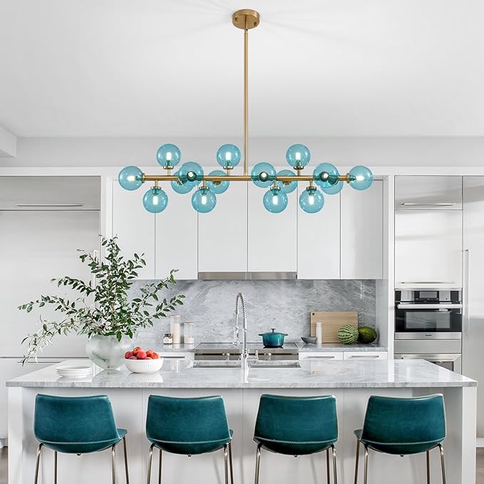 Mid Century Modern Blue Glass Gold Chandelier Rectangle Pendant Light Fixtures Linear Sputnik Chandeliers for Kitchen Island Dining Room Over Table
