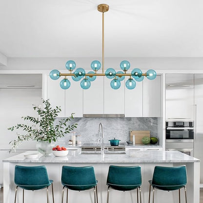 Mid Century Modern Blue Glass Gold Chandelier Rectangle Pendant Light Fixtures Linear Sputnik Chandeliers for Kitchen Island Dining Room Over Table