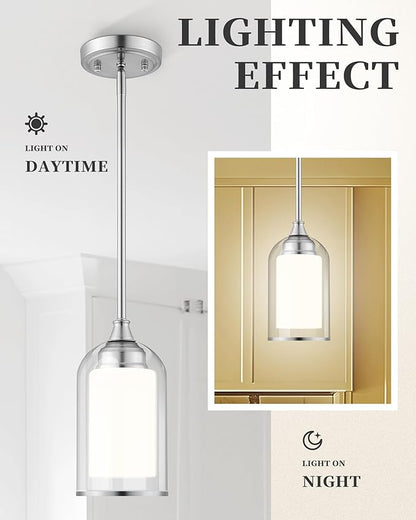 LIROUVET 2 Pack Pendant Light Fixtures, Modern Dual Glass Pendant Lights, Brushed Nickel Hanging Light with Clear and Milk Glass, Pendant Lights Kitchen Island for Dining Room PL02BN-2PK