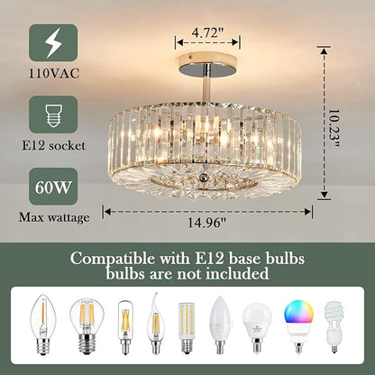 Piepooye 4 Lights Modern Crystal Chandelier Chrome Round Semi Flush Mount Ceiling Light Fixture Farmhouse Chandelier for Dinning Room Living Room Bedroom Hallway Entryway Kitchen
