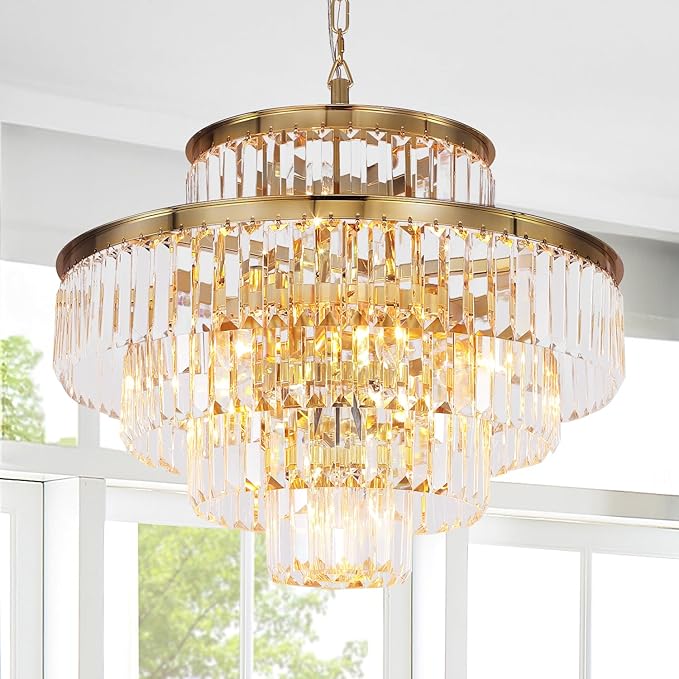 Gold Modern Crystal Chandelier Pendant Ceiling Lights Chandeliers Lighting Fixture for Dining Living Room Foyer Hallway 12-Lights (Dia 24 Inch)