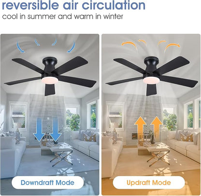 46" Low Profile Ceiling Fans with Lights and Remote, Black Indoor Ceiling Fan Light with Quiet Reversible DC Motor,Modern Flush Mount Ceiling Fans with Dimmable LED for Bedroom Kitchen