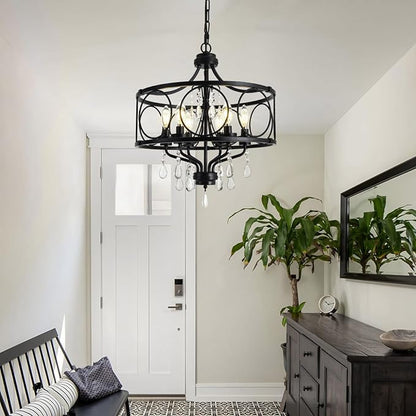 6-Light Modern Black Crystal Chandelier, Farmhouse Ceiling Light Fixture, Hanging Metal Pendant Lights Kitchen Island Dining Room Entryway Foyer