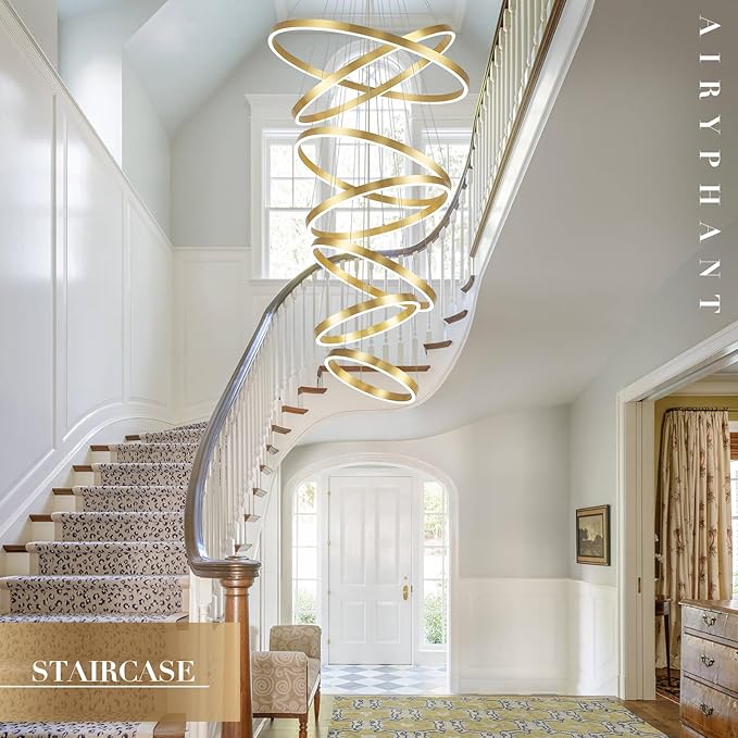 High Ceiling Brushed Gold Ring Chandeliers 7-Ring LED Chandelier Dimmable Modern LED Chandeliers 31" Large Foyer Chandelier Entryway Living Room Staircase, 3000K-6500K