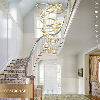 High Ceiling Brushed Gold Ring Chandeliers 7-Ring LED Chandelier Dimmable Modern LED Chandeliers 31" Large Foyer Chandelier Entryway Living Room Staircase, 3000K-6500K