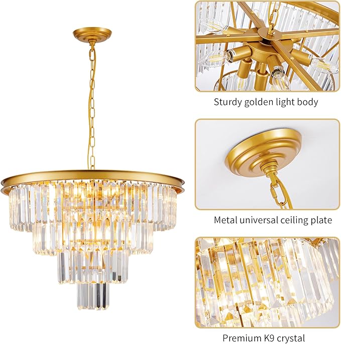 10 Light Modern Gold Crystal Chandelier for Dining Room 24'' Dining Room Light Fixture Contemporary Pendant Round 4-Tier Adjustable Height for Living Room, Foyer, Entryway, Bedroom