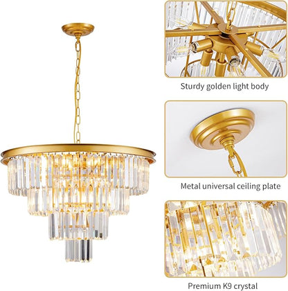 10 Light Modern Gold Crystal Chandelier for Dining Room 24'' Dining Room Light Fixture Contemporary Pendant Round 4-Tier Adjustable Height for Living Room, Foyer, Entryway, Bedroom