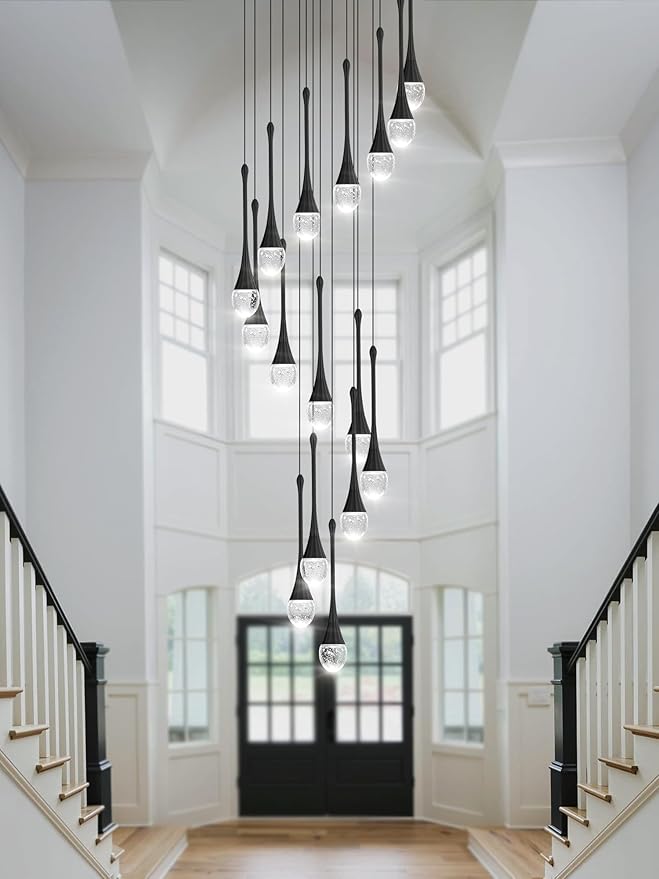ykolupty Modern Crystal Chandeliers LED Dimmable Stairwell Chandelier Black Teardrop Chandelier Large Pendant Light for Entryway Foyer Living Room