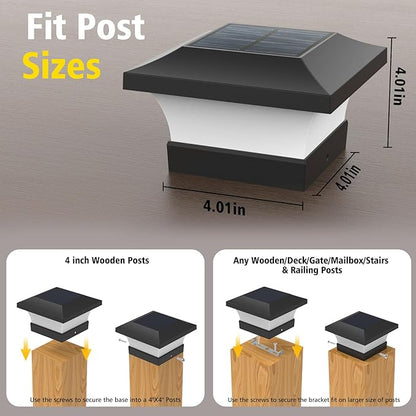 T-SUN 6 Pack 3000K Warm White Solar Post Cap Lights, 4x4 Outdoor Waterproof Solar Post Lights for Wood & Vinyl Fence Posts, Deck, Patio Railing, Black, Bracket Included