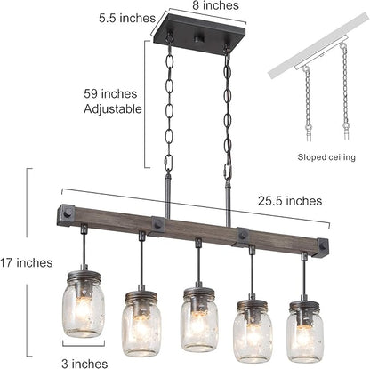 Mason Jar Chandelier, 5-Light Farmhouse Chandelier for Dining Room, 25.5" Rustic Island Lighting with Clear Glass Globes