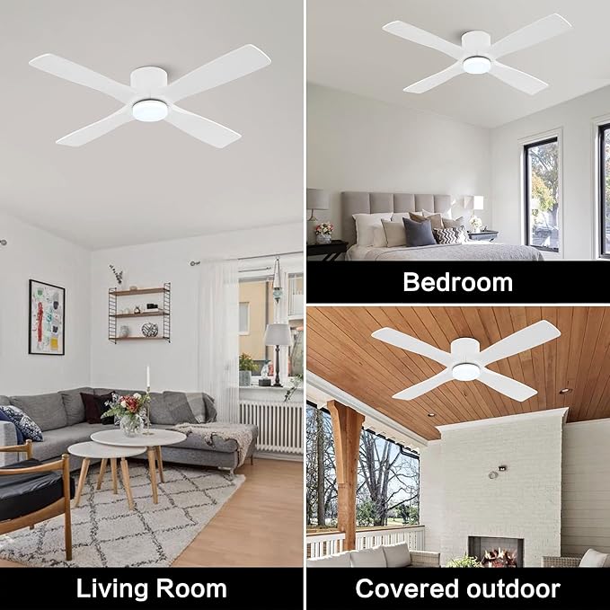 WINGBO 48 Inch Flush Mount DC Ceiling Fan with Lights and Remote, 4 Reversible Carved Wood Blades, 6-Speed Noiseless DC Motor, Hugger Ceiling Fan in White Finish, Low Profile Ceiling Fans, ETL Listed