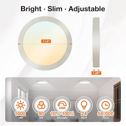 Sylvania 12" LED Flush Mount Ceiling Light Fixture, 24W, 1600 LMS, Hardwired, 3000K, Warm White, Brushed Nickel, LED Lights for Bedroom Kitchen Hallway Porch - 1 Pack (66461)