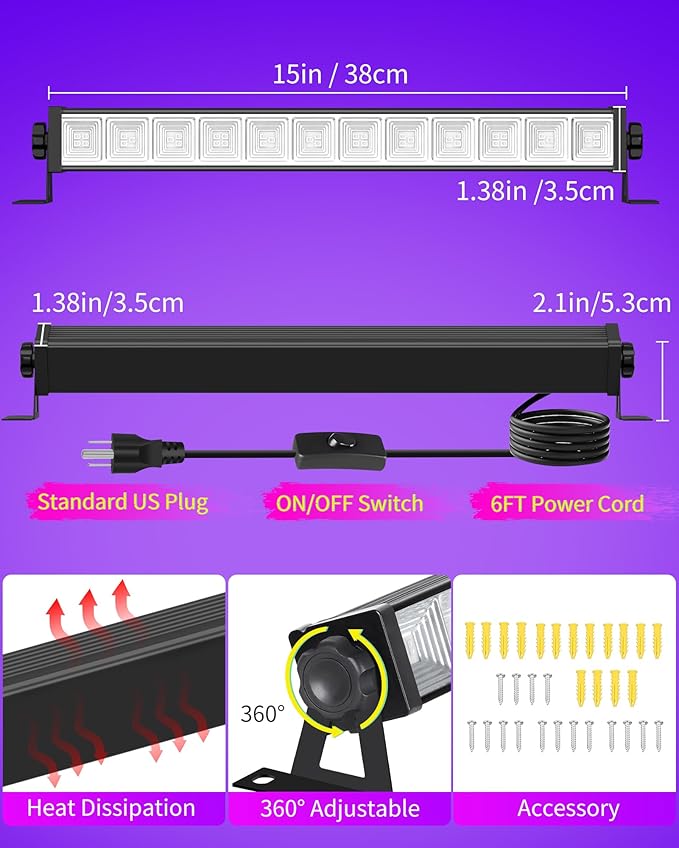 ISUERFY 4 Pack 45W Black Light Bar with 6ft Cord+Switch, Each Light Up 25x25ft Area, LED Blacklight Flood Light for Neon Glow Party Body Paint Fluorescent Tapestry Poster Classroom Bedroom Halloween