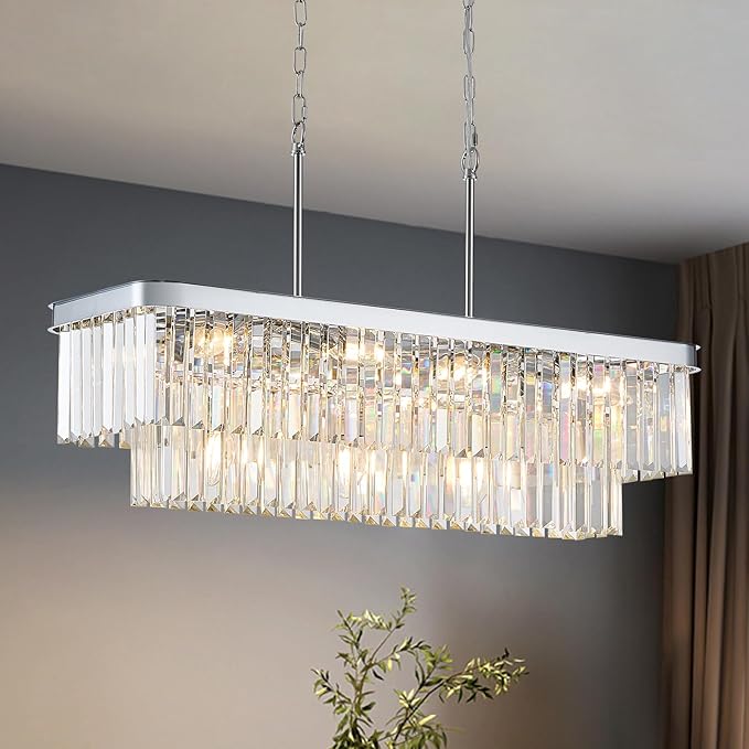 Modern Chrome Rectangle Chandelier L33.5” Luxury K9 Crystal Ceiling Pendant Light Fixture 11 Lights Rectangular Long Chandelier for Kitchen Island Dining Room Living Room Bar