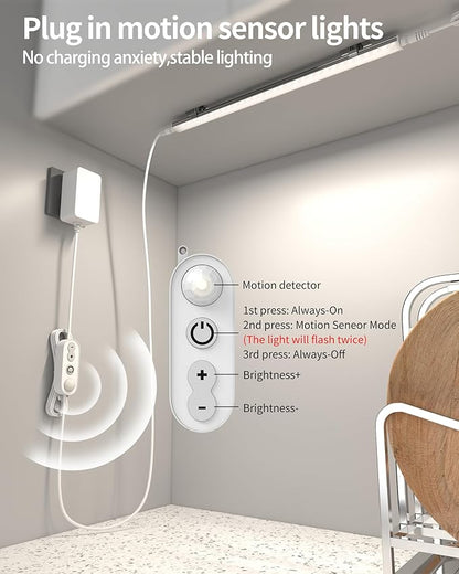Motion Sensor Dimmable Under Cabinet Lighting, 4500K Daylight, Plug-in, Linkable LED Closet Light Bars, 12-inch 2 Pack