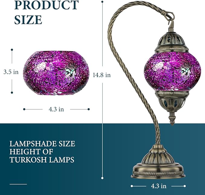Marrakech Turkish Lamp Morrocan Table Lamps with Handmade Mosaic Glass, Tiffany Style Beside Lamp with Swan Neck Bronze Base Including LED Bulb for Living Room Bedroom Decor (Shard Red)