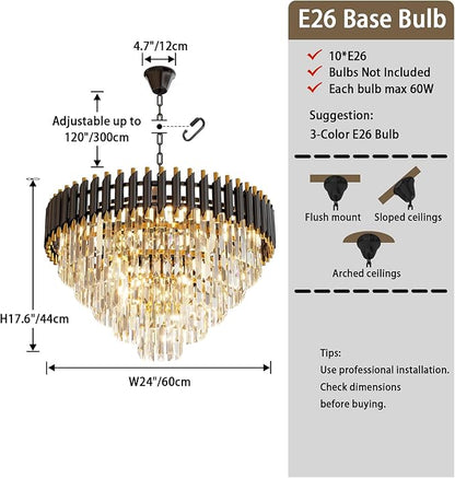 24 inch Black Gold Crystal Chandelier 5-Tier Modern Luxury Pendant Light Fixture for High Ceiling 10-Light Large K9 Crystal Lighting for Foyer Living Room Dining Room