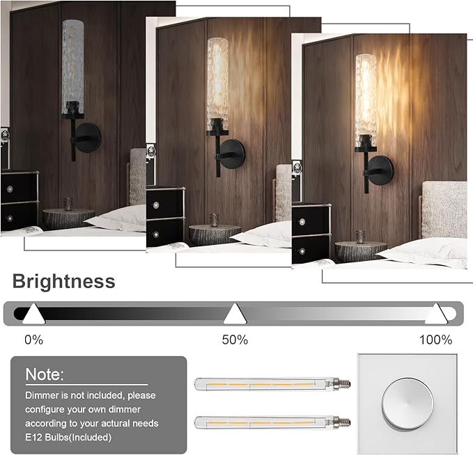 Brass Knurled Bathroom Sconces Set of 2, 19.5 Inch Black Vanity Light Fixtures with Water Ripple Glass Tube Modern Wall Lamp for Bathroom Mirror Bedroom Living Room Hallway