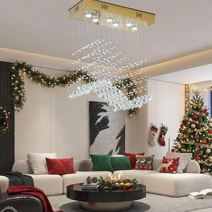 Modern Gold Wave Rectangular Chandelier for Dining Room Over Table, 6-Lights Raindrop Elegant Ceiling Light Fixture for Kitchen Island, Funny Flush Mount Pendant Light for Kids/Girls Room