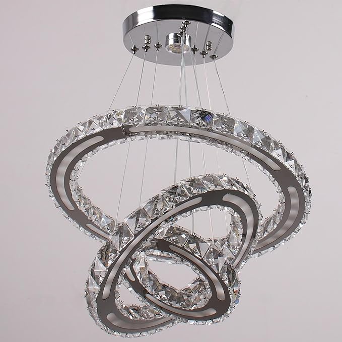 Chandeliers Modern Ceiling LED Fixture 3 Rings Adjustable Crystal Light Fixture Ceiling Hanging Pendant Light for Living Room Dining Bedrooms Hall 180mm Base 153 Crystals（White Light）