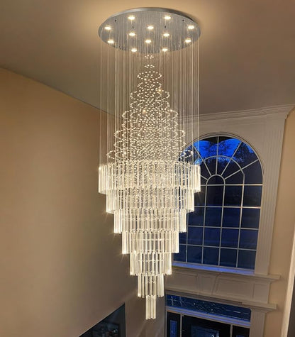 HAIXIANG W32 x H120 Glam Chandelier with LED Bulbs Crystal Raindrop High Ceiling Pendant Light for Entrance Large Villa Chandelier Foyer Lighting Fixtures Silver