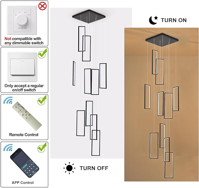 GEADI Modern Foyer Chandelier for High Ceilings,10 Rectangle Dimmable Led High Ceiling Chandelier with Remote Control,Black Large Staircase Pendant Light Fixture for Entryway（3000-6500K）