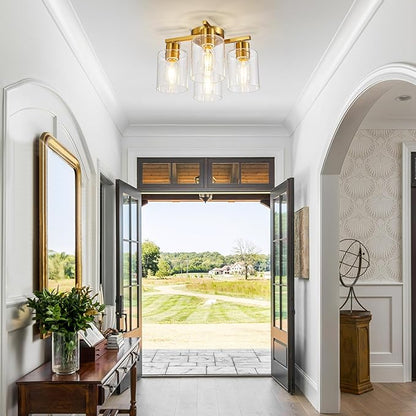 4 Light Semi Flush Mount Ceiling Light Brushed Gold Kitchen Lighting Fixtures Ceiling Brass Hallway Cieling Lights Fixture with Clear Glass Shade for Bedroom Dining Room