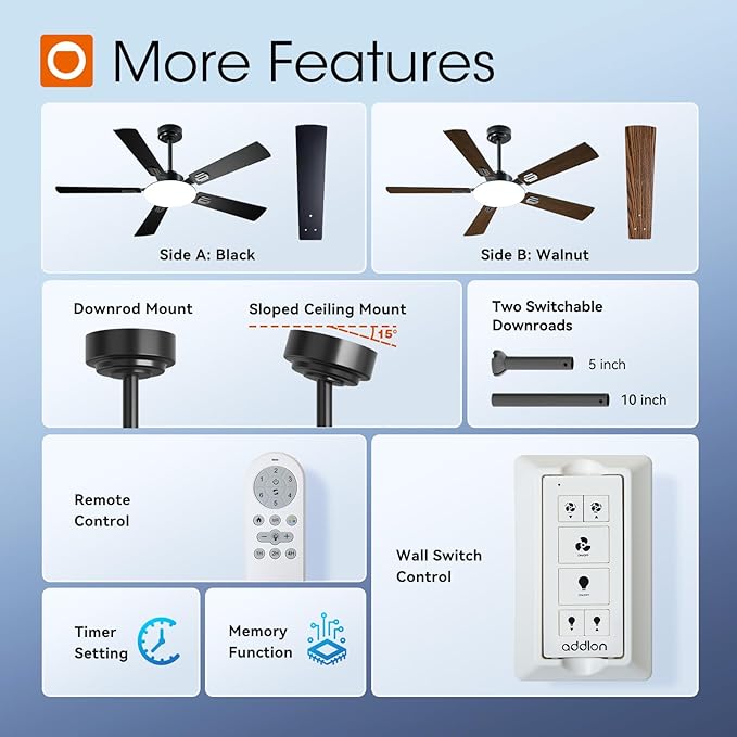 addlon Ceiling Fans with Lights, 52 inch Black Ceiling Fan with Remote Control, Wall Switch, Reversible, 3CCT Dimmable, Noiseless, Ceiling Fan for Bedroom, Living Room, Indoor/Outdoor Use