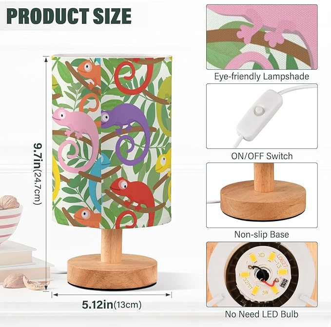 Colorful Chameleon Cartoon Lizard Animal in Green Tropical Leaf Table Lamp with Wood Base Fabric Lamp Shade Bedside Nightstand Desk Lamp for Living Room Bedroom Kids Room Office