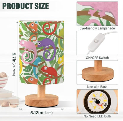 Colorful Chameleon Cartoon Lizard Animal in Green Tropical Leaf Table Lamp with Wood Base Fabric Lamp Shade Bedside Nightstand Desk Lamp for Living Room Bedroom Kids Room Office