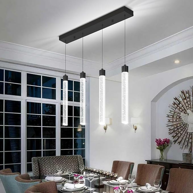 4-Lights Black Modern Crystal Column Chandeliers for Dining Room Dimmable LED Adjustable Height Hanging Pendant Light for Kitchen Island,Bedroom,Over Table,Living Room