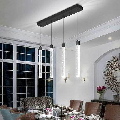 4-Lights Black Modern Crystal Column Chandeliers for Dining Room Dimmable LED Adjustable Height Hanging Pendant Light for Kitchen Island,Bedroom,Over Table,Living Room