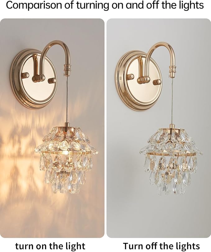 Pinecone Shape Crystal Vintage Gold Wall Sconces Chandelier Set of 2, Modern Victorian Indoor Hardwired Wall Mount Lamp Light Fixture for Bedroom Living Room Bathroom Vanity Light Hallway Wall Decor