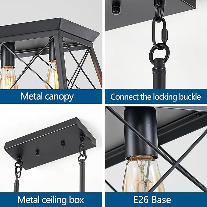 5-Light Farmhouse Pendant Light for Dining Room, Rustic Kitchen Island Lighting, Adjustable Height Chandeliers for Kitchen, Dining Room Table Black