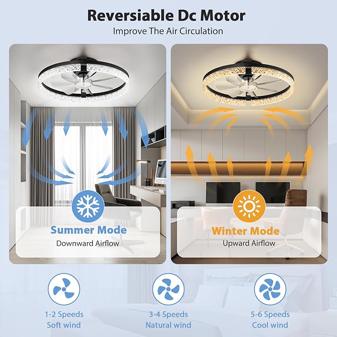 StarryEver LED Ceiling Fans with Lights and Remote, 18 inch Modern Smart Ceiling Fan, 6 Speeds and 3000K-6500K Stepless Dimmable Quiet Fan Lights Ceiling for Bedroom, Living Room, Dining Room, Black