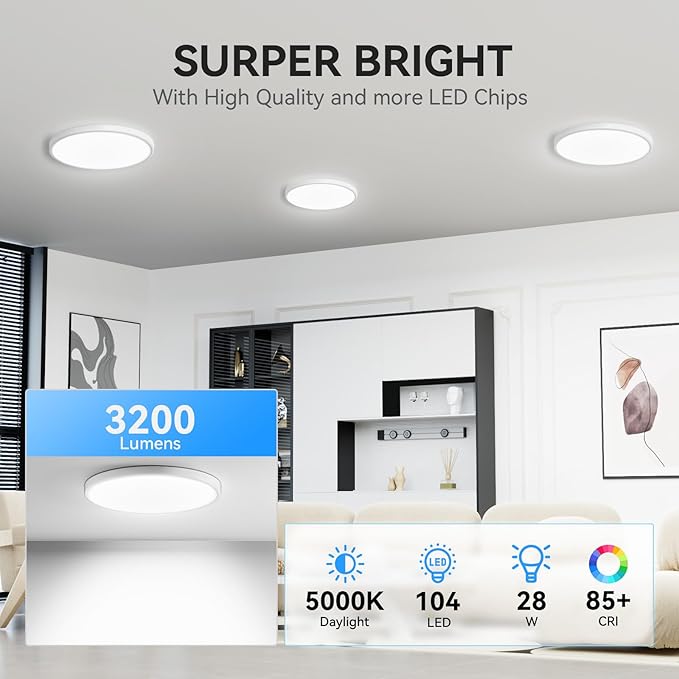 WKONCLDY Two Pack 3200lm LED Flush Mount Ceiling Light, Super Slim 12 inch LED Ceiling Light, 5000K LED Ceiling Light for Bedroom, Living Room, Dining Room, Office, Garage, Warehouse…