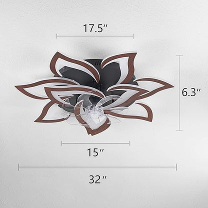 Modern Ceiling Fan with Light and Remote, Low Profile Ceiling Fans with Lights, 32 Inch Flush Mount Ceiling Fan with 3 Light Color 6 Speeds, Fandelier Ceiling Fans for Living Room (Malnutcolor)