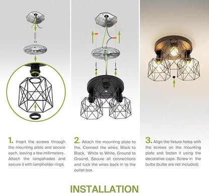 ASD Black Semi Flush Mount Ceiling Light Fixture - 3xE26 120V ETL Modern Light Fixtures Ceiling Mount, Semi Flush Mount Chandelier for Entryway, Bedroom, Foyer Lighting Fixtures