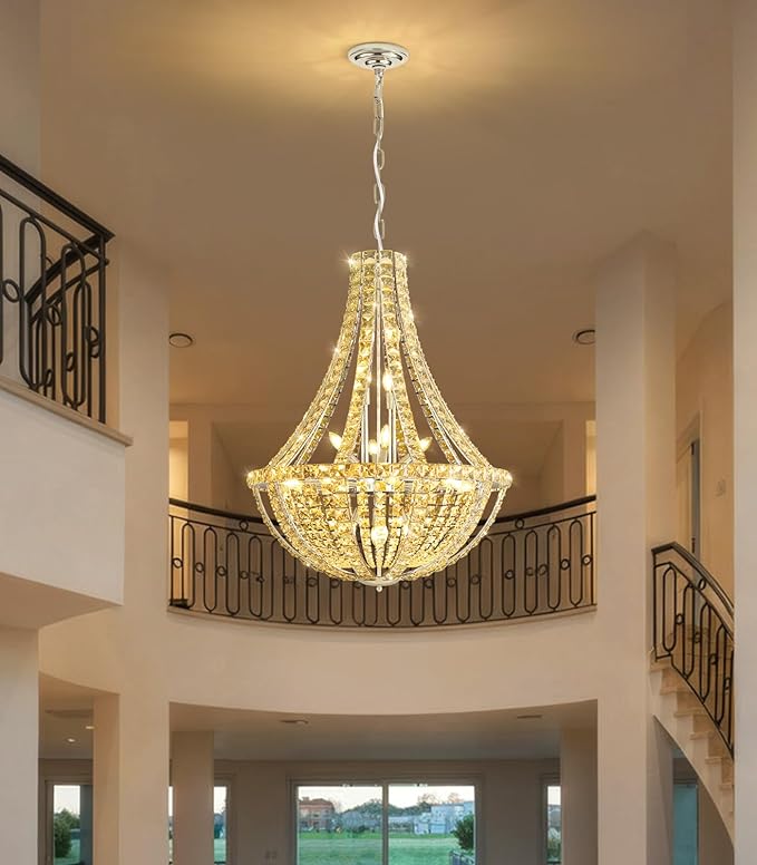 Luxury Large Empire Chandelier High Ceiling Crystal Chandeliers for Foyer Gold Light Fixture for Staircase Living Room E12 Bulbs Required