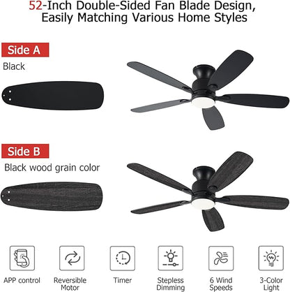 NKPU 52inch Black Ceiling Fans with Lights, Low Profile Ceiling Fan with Light and Remote/APP Control, Reversible DC Motor, Noiseless, Dimmable, Flush Mount Ceiling Fan for Bedroom Living Room Patios