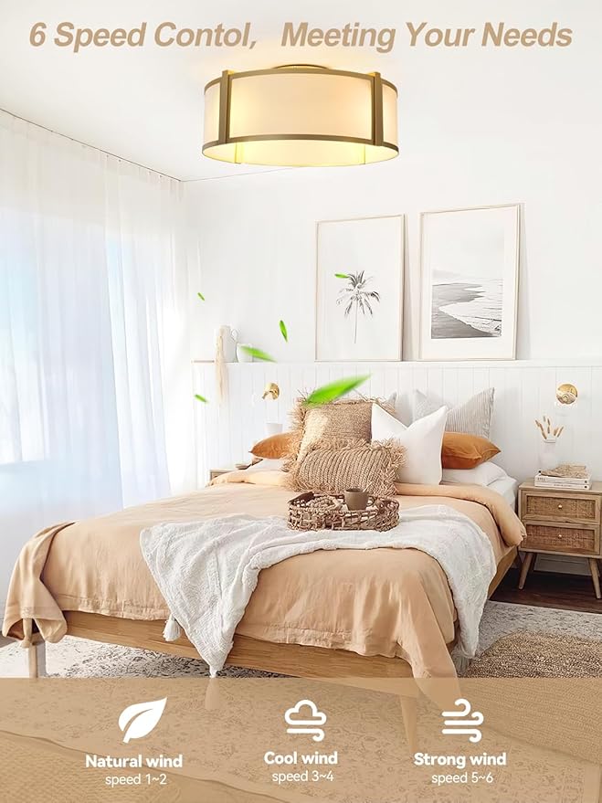 zheshirui Gold Caged Ceiling Fan with Light, 20" Flush Mount Boho Ceiling Fans with Lights Remote Control, Fabric Bladeless Caged with 6 Speeds for Bedroom, Nursery, Living Room