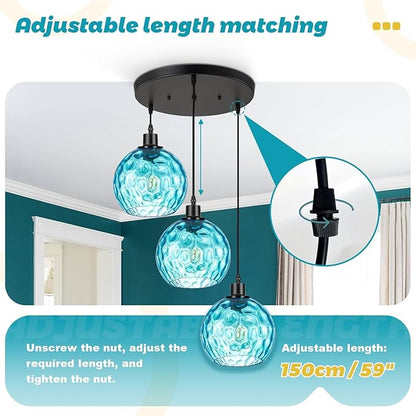 3-Light Kitchen Island Pendant Light with Blue Glass Shades, Adjustable Black Hanging Ceiling Lamp, Mid Century Modern Chandelier for Dining Room, Breakfast Bar, Farmhouse