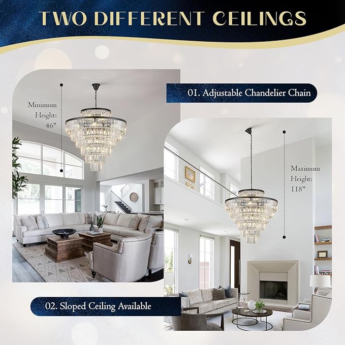 Large 40" Black Crystal Chandelier 28 Lights Modern Round Chandeliers for Staircase Luxury 7-Tier K9 Crystal Ceiling Pendant Light Fixture for High Ceiling Living Room Foyer