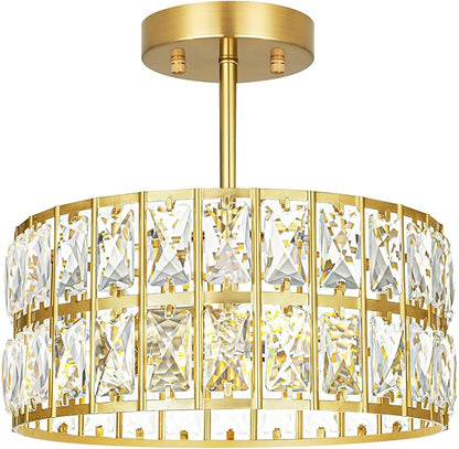 Brushed Gold Crystal Ceiling Light, Modern Semi Flush Mount Ceiling Lighting, Hallway Lighting Fixtures, Small Chandelier Light Fixture for Kitchen Entryway Bedroom Dining Room, 3-Light, 12 Inch